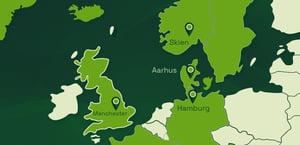 Map over UNIwise's European offices in Aarhus, Skien, Hamburg, and Manchester