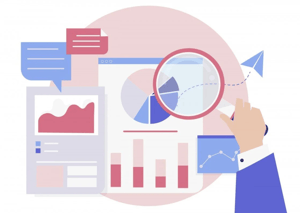 The image depicts a stylized illustration of a person's hand holding a magnifying glass over a bar graph, with various other charts and data visualizations floating around.