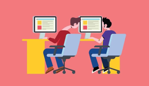 The image depicts a stylized illustration of two individuals seated at a desk with computers, one looking at the other's screen in an act of plagiarism