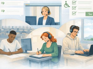 The image depicts a modern office environment where three individuals appear to be engaged in a virtual meeting or online collaboration.