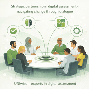 The image depicts a group of six individuals seated around a round table engaged in a discussion. They appear to be professionals in a business setting. The room has a modern and clean design with a light color palette.