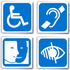 The image shows four square icons with blue backgrounds and white symbols, representing different accessibility features.