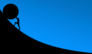 The image shows a silhouette of a person climbing up a steep, curved hill pushing a boulder like Sisyphus against a clear blue sky.