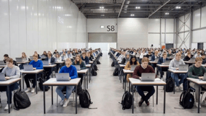 Students taking exam on their laptops in a large exam hall